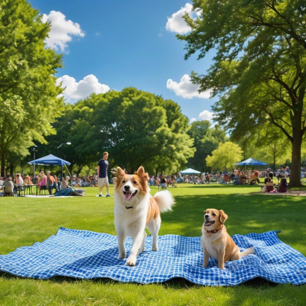 A joyful scene depicting a person playing fetch with their dog in a sunny park, surrounded by various dog-friendly amenities like a doggy water fountain, agility equipment, and picnic areas. Include happy dogs of different breeds running and playing together, with owners smiling and relaxing nearby. The background should showcase a bright blue sky and lush green trees, creating an inviting atmosphere. vibrant colors. super-realistic.