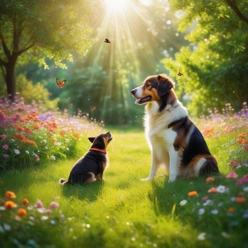 A heartwarming scene of a person sitting on the grass with their loyal dog, both looking blissful as they share a moment of joy. Surround them with blooming flowers and soft sunlight filtering through leafy trees to enhance the feeling of peace and companionship. Include playful butterflies fluttering around to symbolize happiness and harmony. super-realistic. vibrant colors. soft focus.