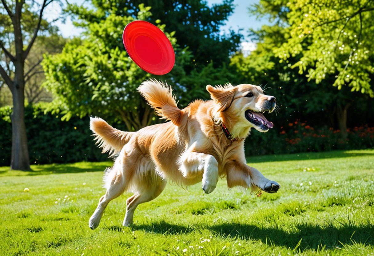 A joyful golden retriever playing fetch in a sunlit park, surrounded by green grass and blooming flowers, a couple of happy children laughing nearby, emphasizing the bond between humans and dogs. Warm, vibrant colors creating a cheerful atmosphere, with soft, fluffy clouds in a bright blue sky. super-realistic. vibrant colors.